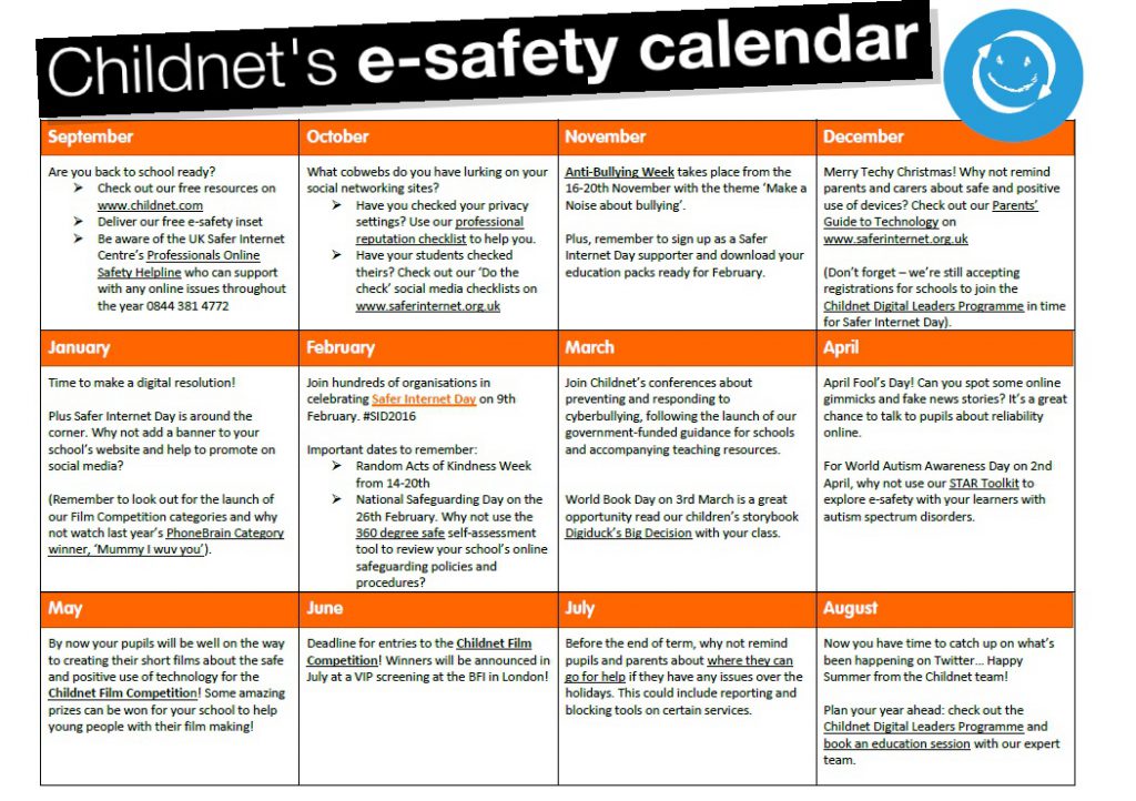 New: e safety calendar for schools Childnet