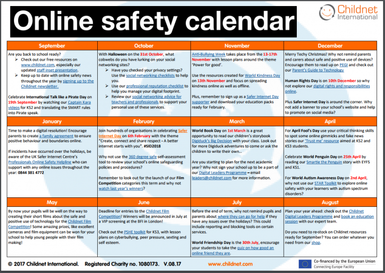 Schools online safety calendar updated for 2017/18 Childnet